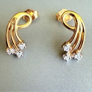 14k Yellow Gold Triple Natural Diamond Celestial Swirl Stud Earrings Vin…